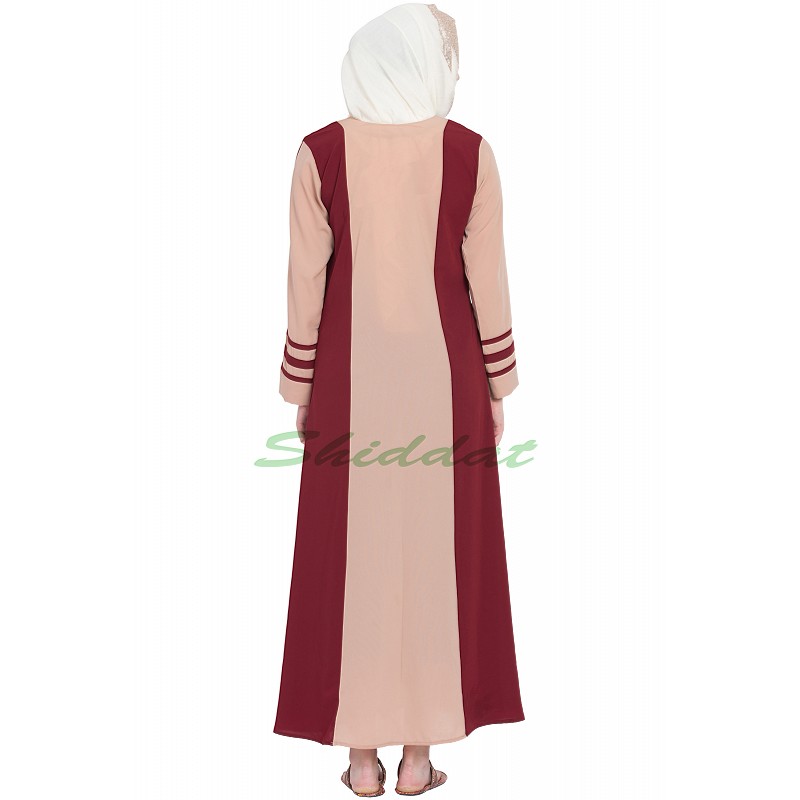 Casual dual abaya in Beige with wine strip color A line design Burq...